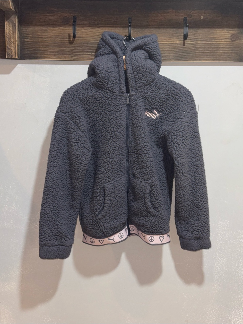 Puma Kids Navy Sherpa Zip Hoodie with Pink Trim